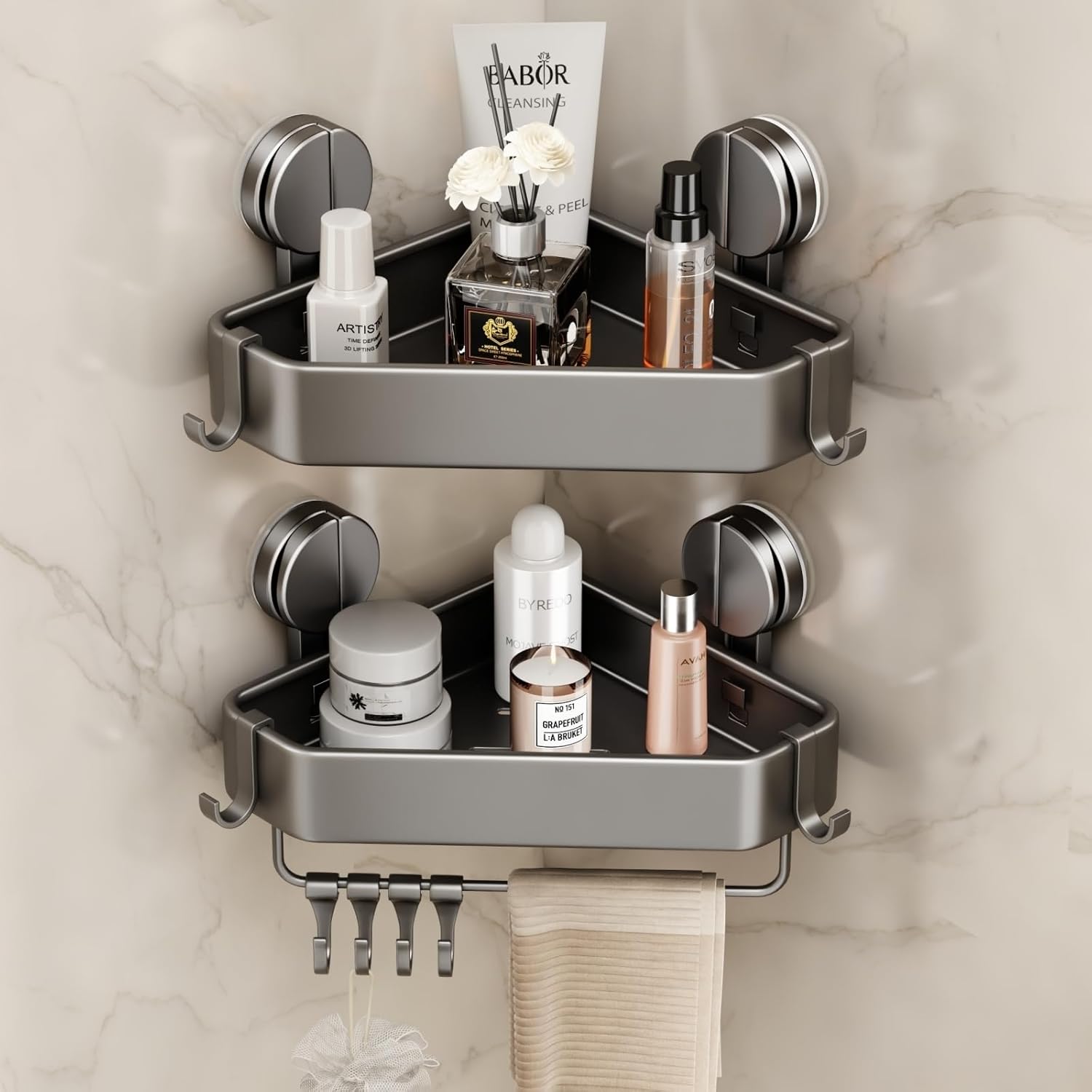 Mustorn Suction Cup Shower Caddy Corner, 2 Pack Suction Corner Shower Shelves No Drilling, Rustproof Shower Organizer Suction Cup with Towel Holder & Hooks Removable Bathroom Storage Rack(Gray) - Image 2