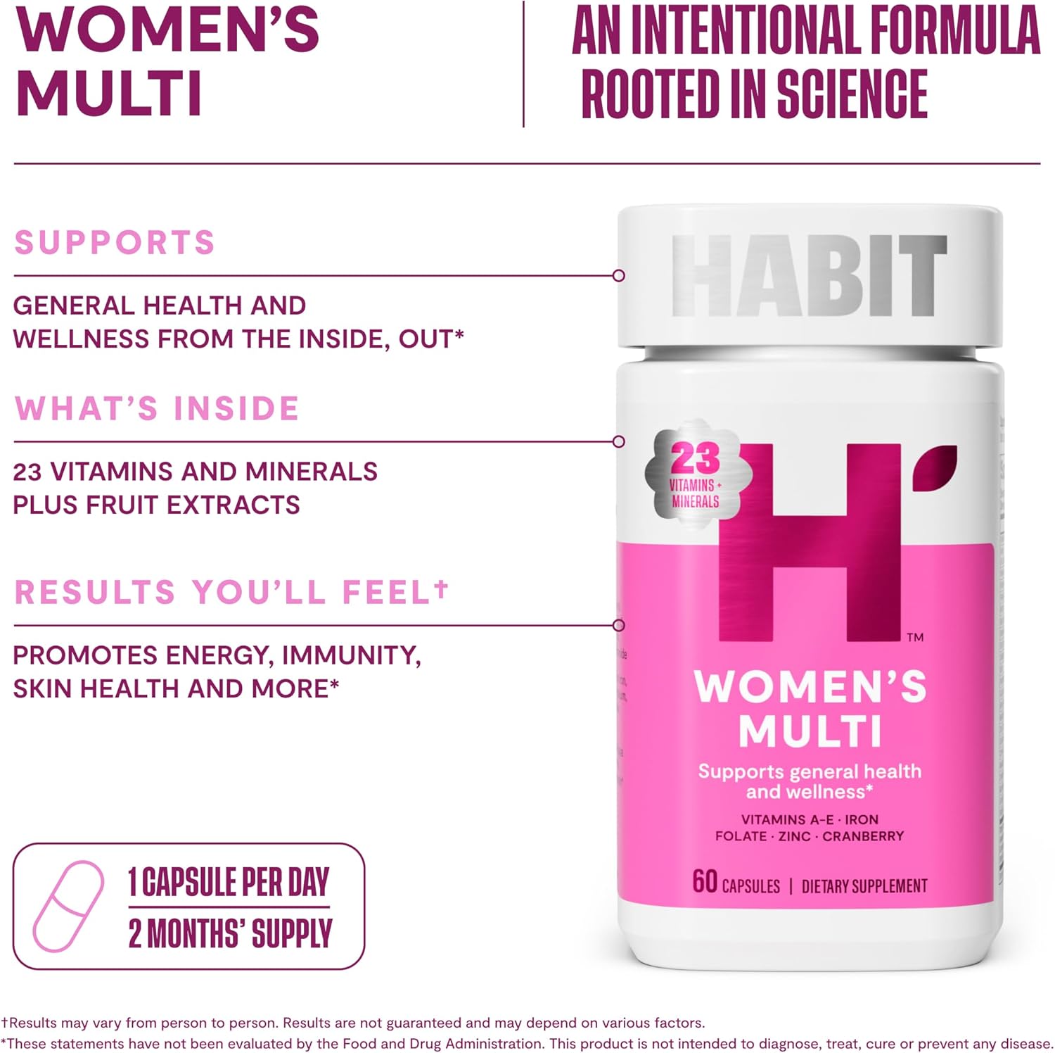 Habit Womens Multi Supplement 2 Pack (120 Capsules) - New Look, Supports General Health & Wellness, 23 Essential Vitamins and Minerals, Fruit extracts, Folate, Iron, B12, Biotin, Non-GMO - Image 8