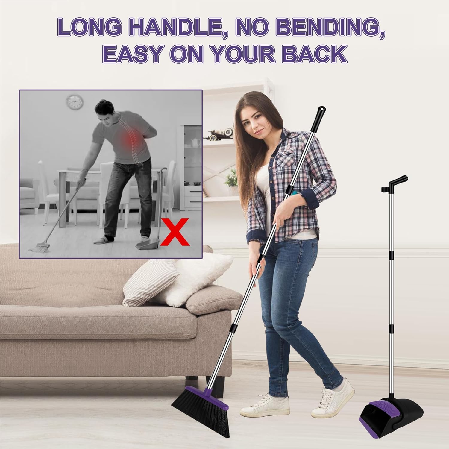Broom with Dustpan Combo Set and Silicone Air Broom Kit, 51" Long Handle Floor Squeegee, Purple Household Kit for Glass Window Rugs Pet Hair Home - Image 4