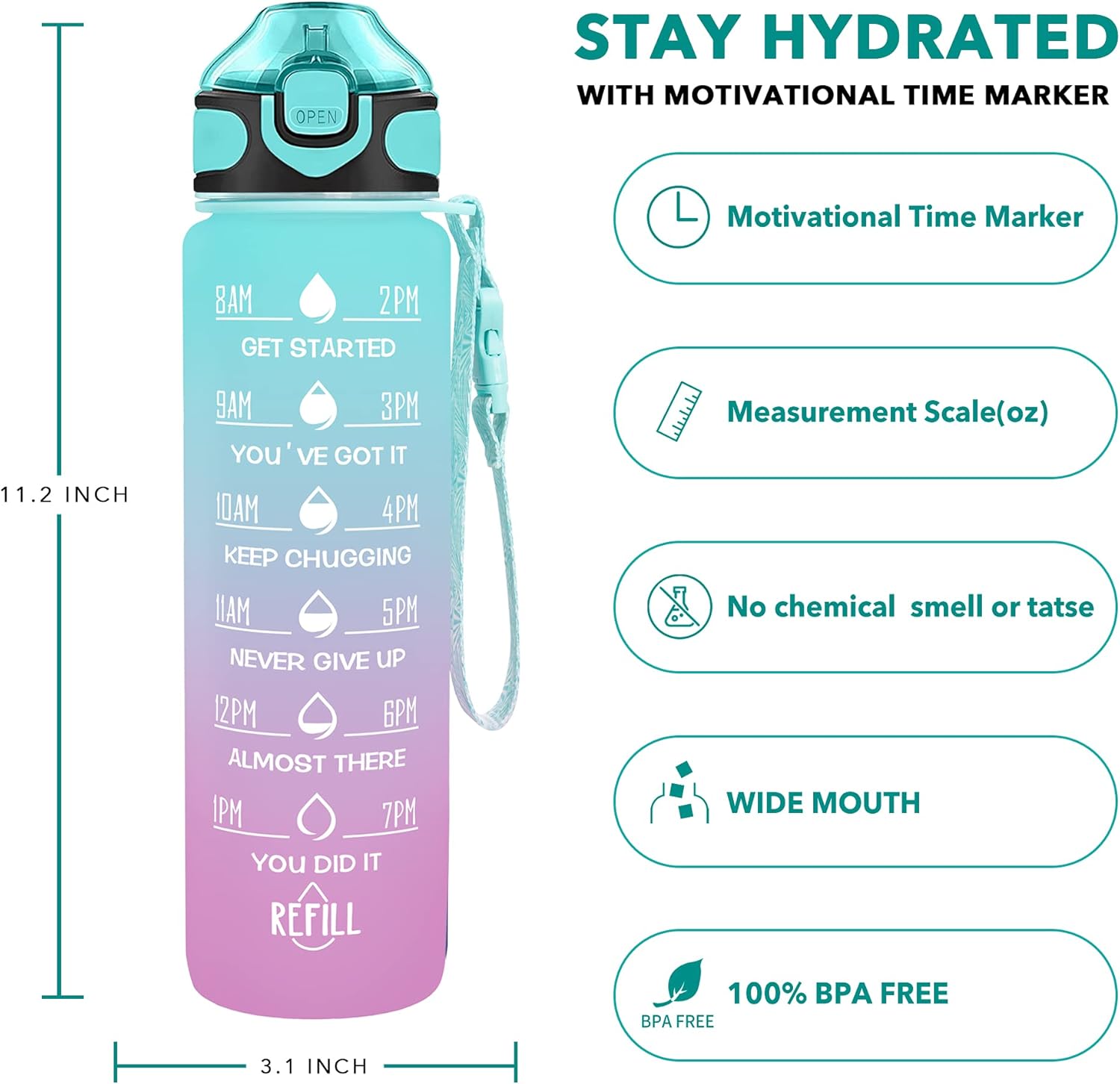Enerbone 32 oz Drinking Water Bottle with Times to Drink and Straw, Motivational with Carrying Strap, Leakproof BPA & Toxic Free, Ensure You Drink Enough Water for Fitness Gym Outdoor - Image 2