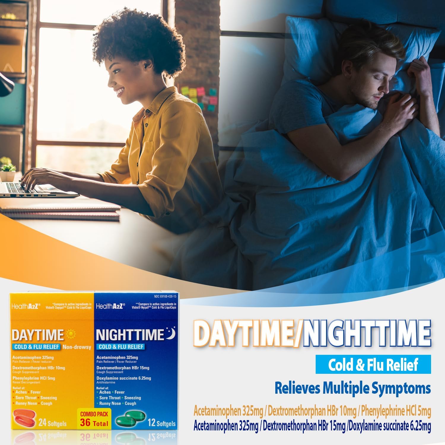 HealthA2Z® Daytime and Nighttime | Cold & Flu Medicine | Powerful Multi-Symptom Relief (24 Daytime & 12 Nighttime Softgels) (Combo (36 Count Pack of 1)) - Image 4