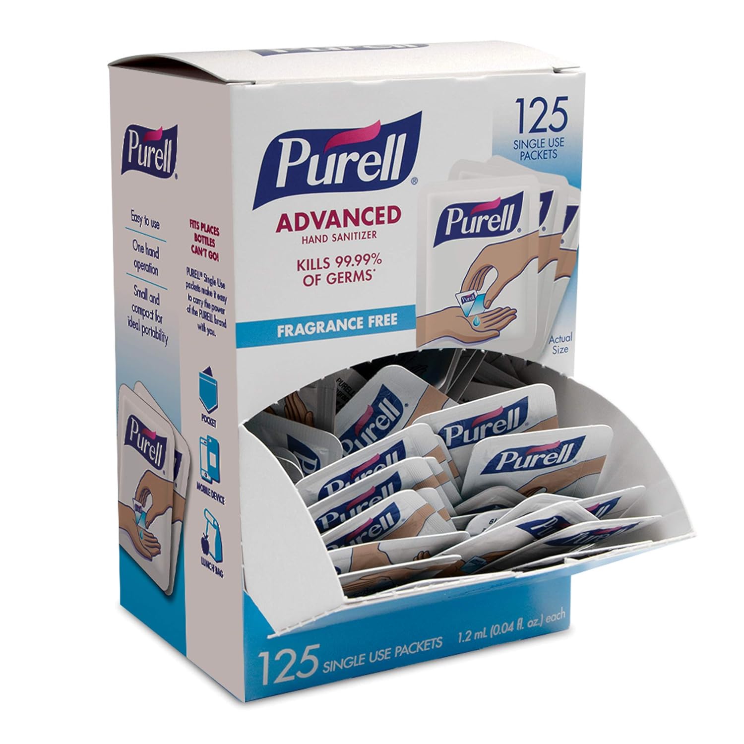 PURELL SINGLES Advanced Hand Sanitizer Gel, Fragrance Free, 125 Count Single-Use Travel-Size Packets – 9620-12-125EC (Pack of 1) PURELL SINGLES Advanced Hand Sanitizer Gel, Fragrance Free, 125 Count Single-Use Travel-Size Packets – 9620-12-125EC (Pack of 1)