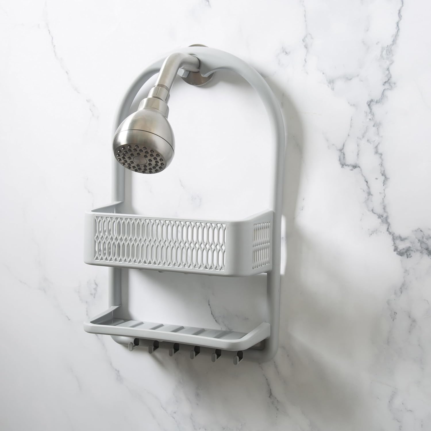 Bath Bliss Molded Shower Caddy | Bathroom Storage | Hangs Over Shower Head | 6 Accessory Hooks | Holds Razors | Washcloths | Accessories | Suction Cup Stability | Grey - Image 6