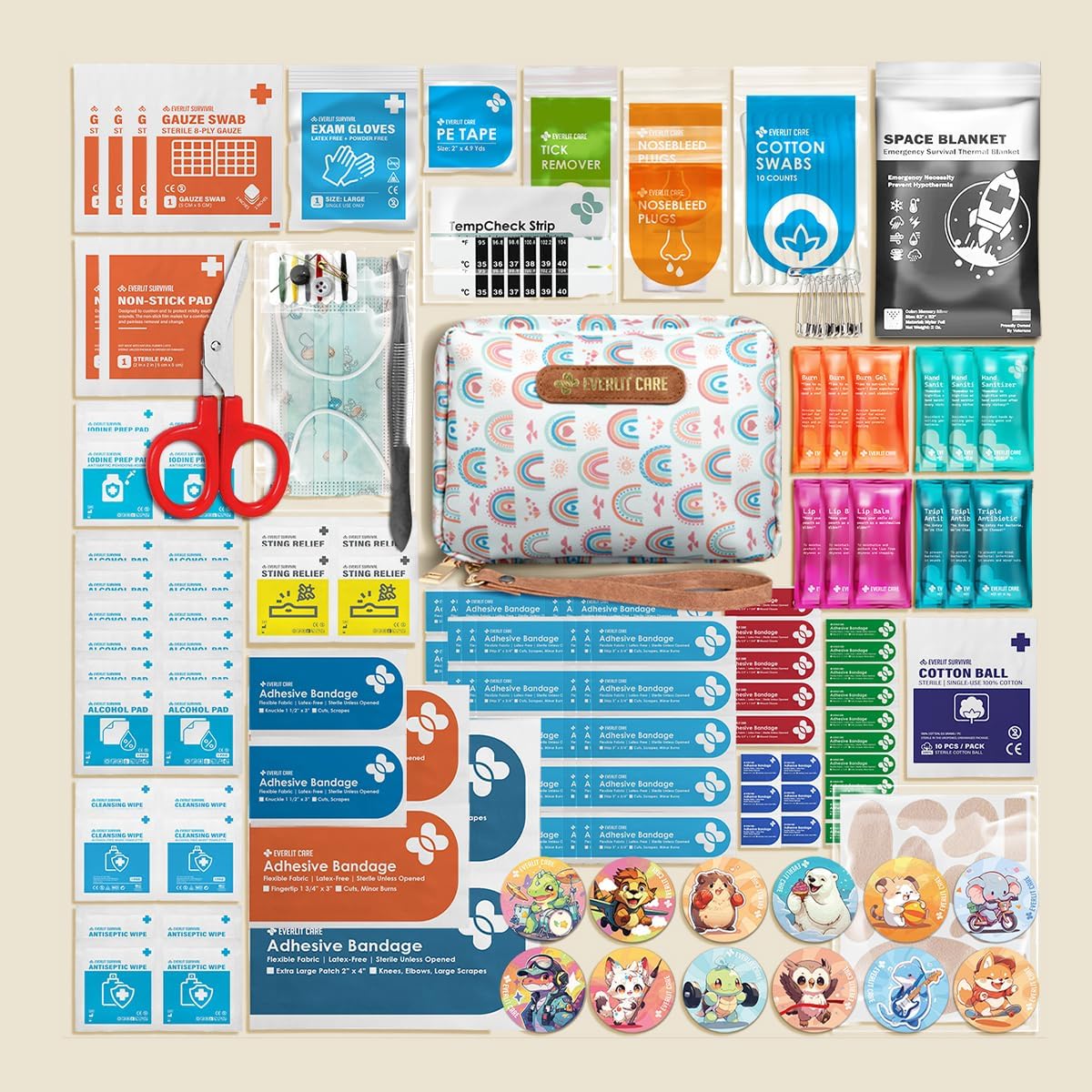 EVERLIT Care Rescue Pack | Family-Friendly First Aid Kit for Kids with 200 Pcs Medical Supplies | Travel-Friendly Compact Storage Bag for Home, Car, Travel, Camping, Adventure (Rainbow) - Image 3