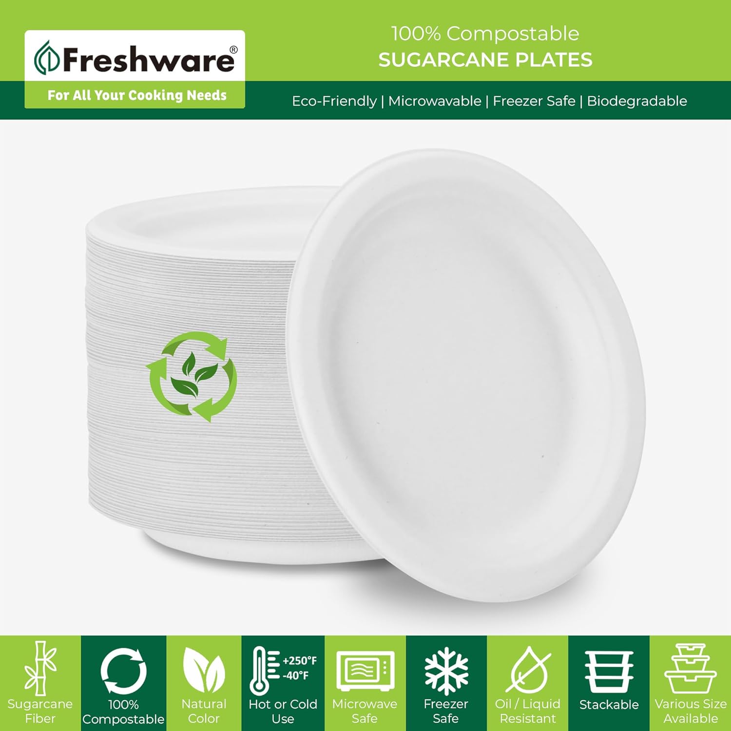 Freshware Paper Plates - Disposable 10" Plate, 125-Pack, Biodegradable Sugarcane Fiber Dinner Plates - Heavy Duty Dinnerware for Hot Food - Microwave & Freezer Safe, Stackable Dinnerware - Image 3