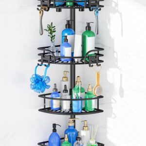 HAMITOR Corner Shower Caddy Tension Pole: 4-Tier Large Capacity Bathroom Organizer Shelf with Towel Bar – Rustproof No-Drill Adjustable 47-123 inch Storage for Renters, Home Bathtub Stand Rack, Black