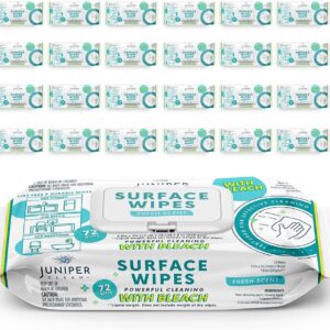 Juniper CLEAN 24 Pack Surface Cleaning Wipes with Bleach, All-Purpose Cleaner for Bathroom, Kitchen, Office, 1728 Count Soft Flow, Fresh Scent, Lint Free & Durable