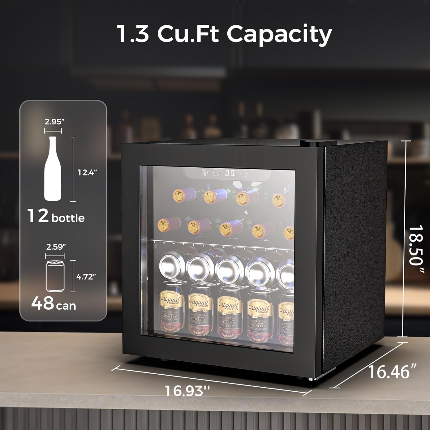 Kndko Mini Beverage Refrigerator - 48 Can Mini Fridge with Digital Temperature Control, LED Light, Reversible Door, Perfect for Home, Office, Bar, and Game Room - 1.3 Cu.Ft, Black - Image 3