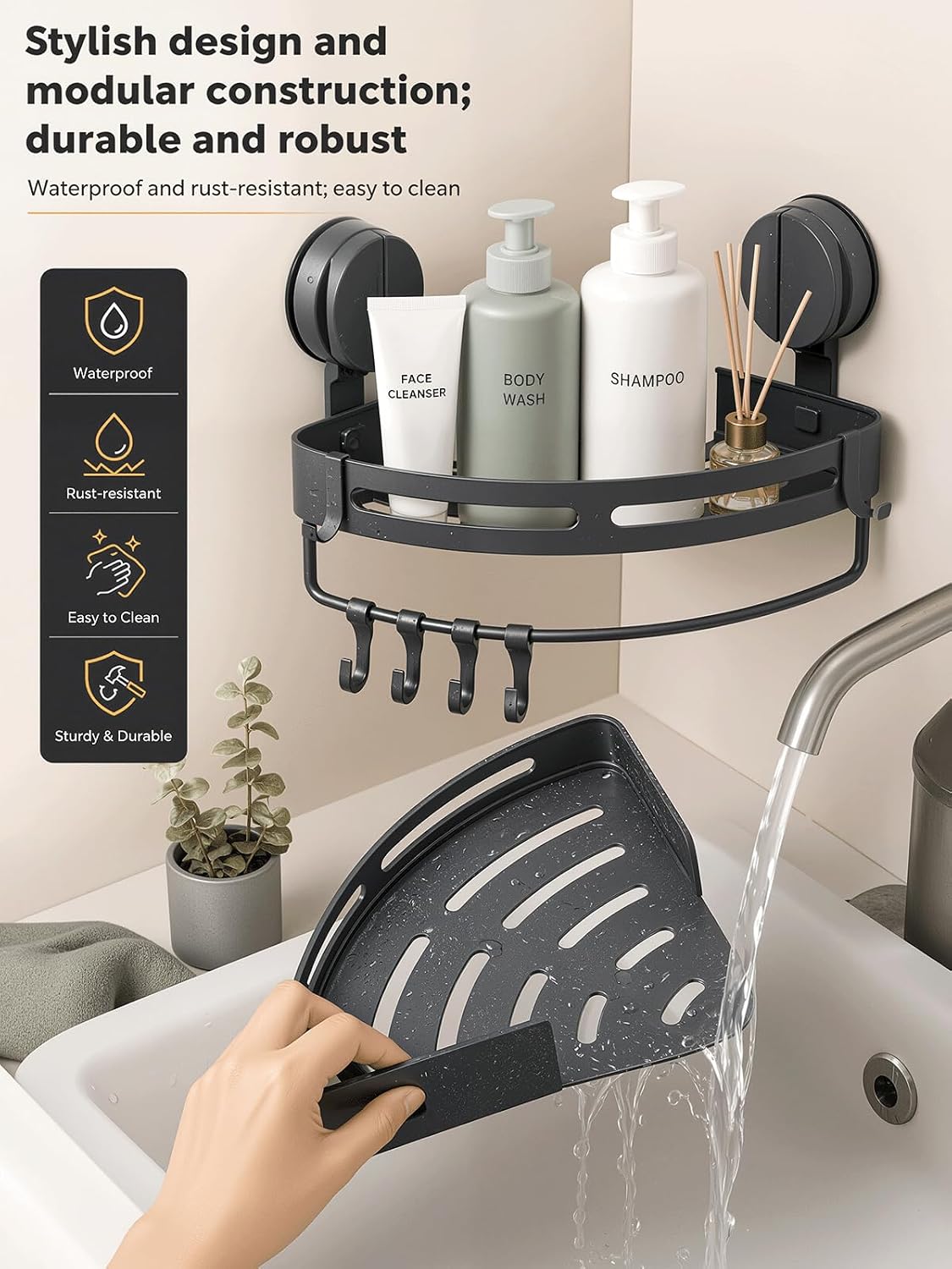 Suction Cup Corner Shower Caddy with Towel Bar & Hooks | No drilling required. Strong suction cup corner shelf for bathroom storage. Securely holds all daily shower essentials. - Image 6