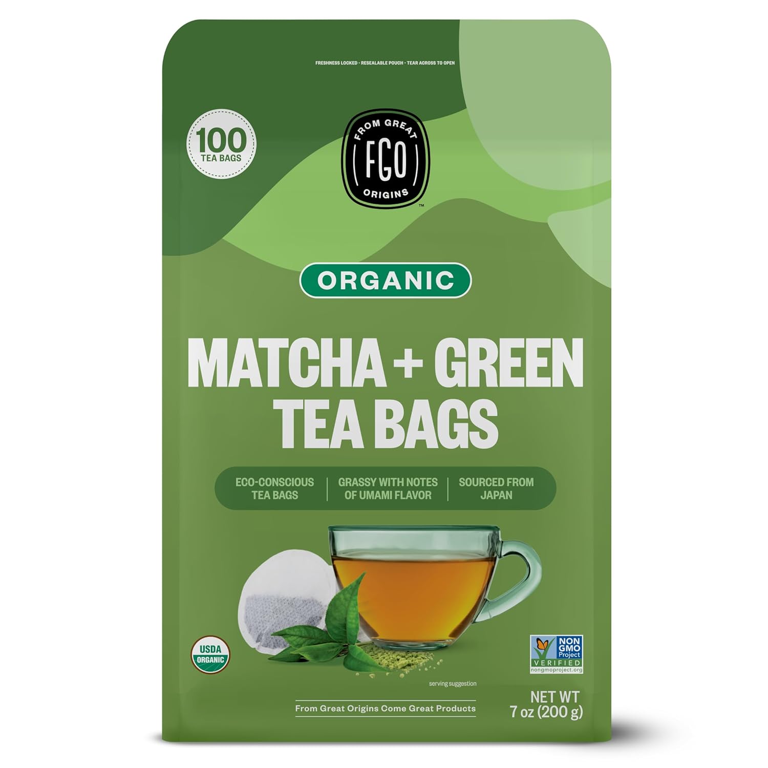 FGO Organic Japanese Matcha + Green Tea, 100 Count, Eco-Conscious Tea Bags, Resealable Bag, Packaging May Vary (Pack of 1) - Image 2