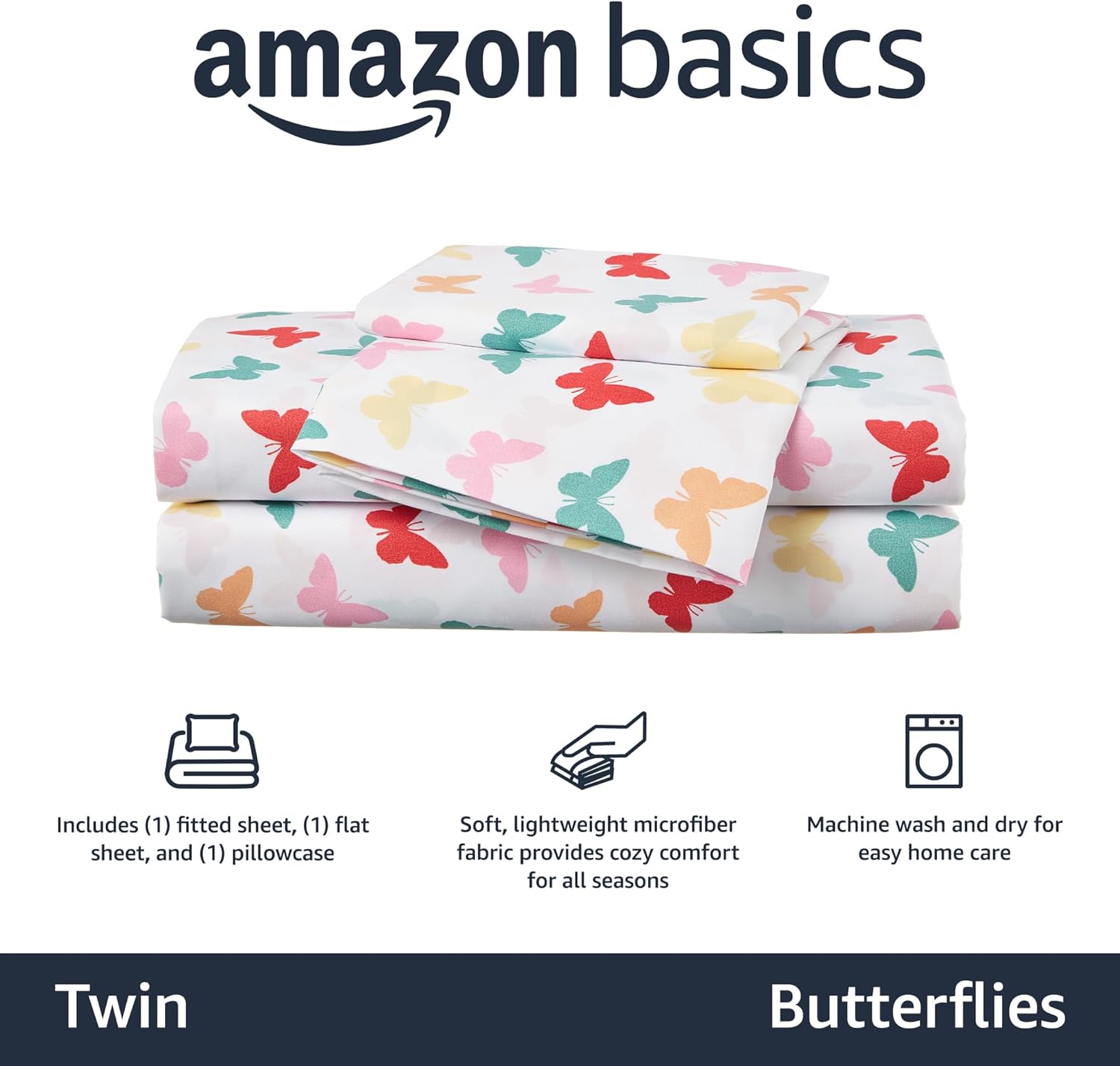 Amazon Basics Kid's Soft Easy-Wash Microfiber 3-Piece Sheet Set, Twin, Multi-Color Butterflies, Butterfly Friends, Printed - Image 3