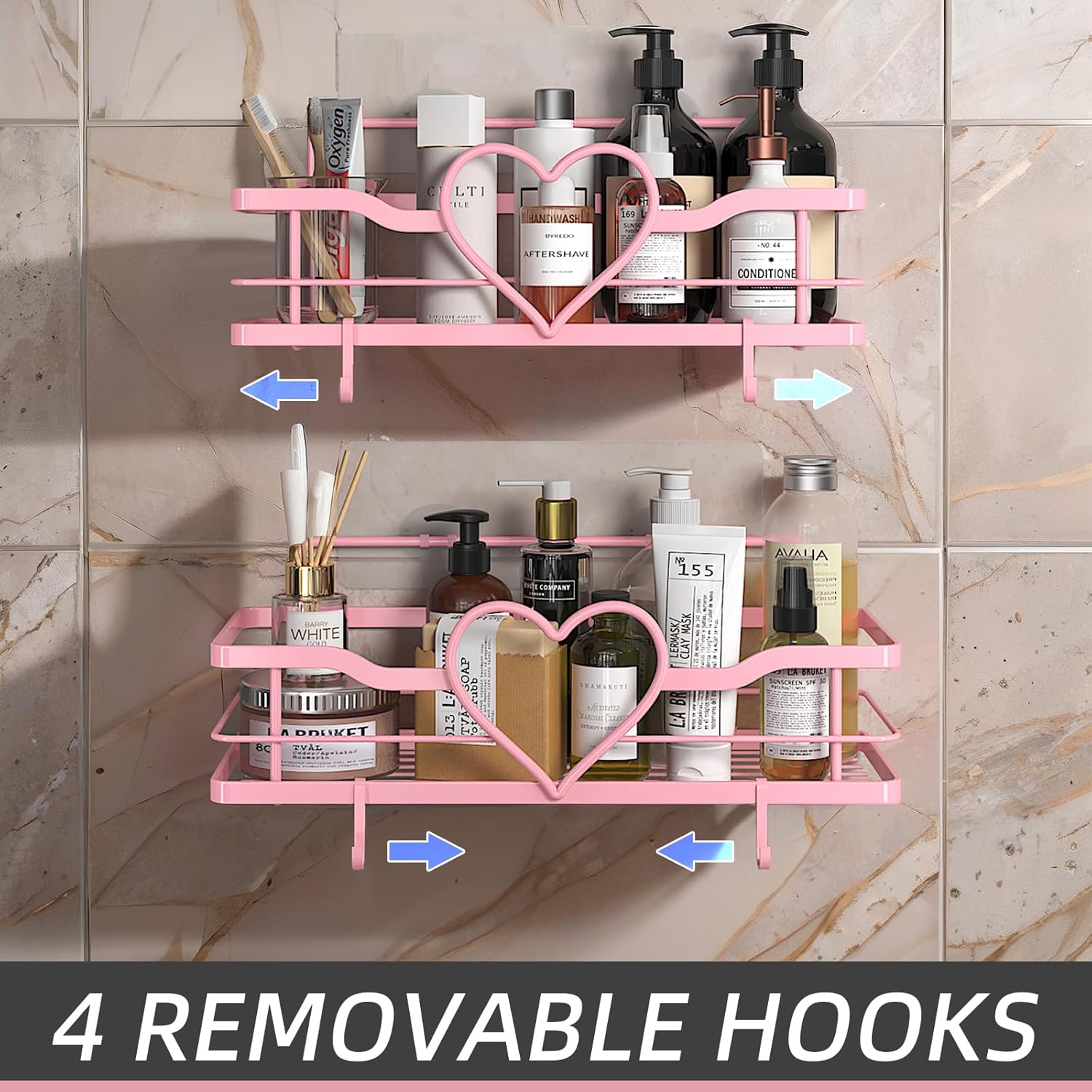 Pink Shower Caddy with 4 Removable Hooks, 2 Pack Sweet Heart Shower Shelves,No Drilling Adhesive Organizer Shelf for Bathroom Shower,Kitchen,Bedroom - Image 5