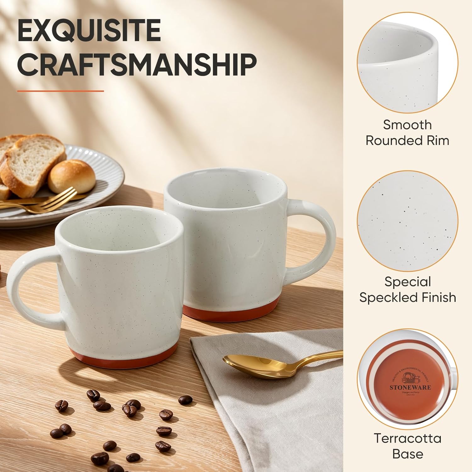 E-far Ceramic Coffee Mug Set of 4, 12oz Stoneware Coffee Cup with Handle, Porcelain Tea Cups, Modern Farmhouse Latte Mug Gift Set for Women & Men, Microwave Safe, Speckled White - Image 4