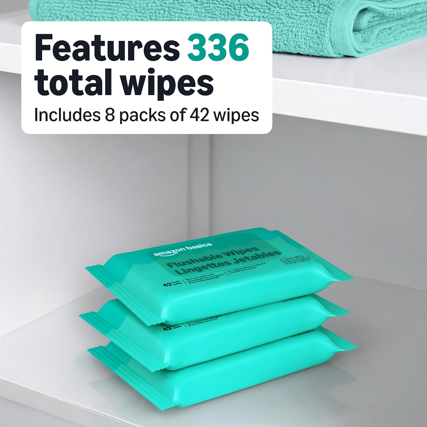 Amazon Basics Flushable Adult Toilet Wipes, Fragrance Free, 42 Count (Pack of 8) (Total 336 wipes) (Previously Solimo), Packaging May Vary - Image 2