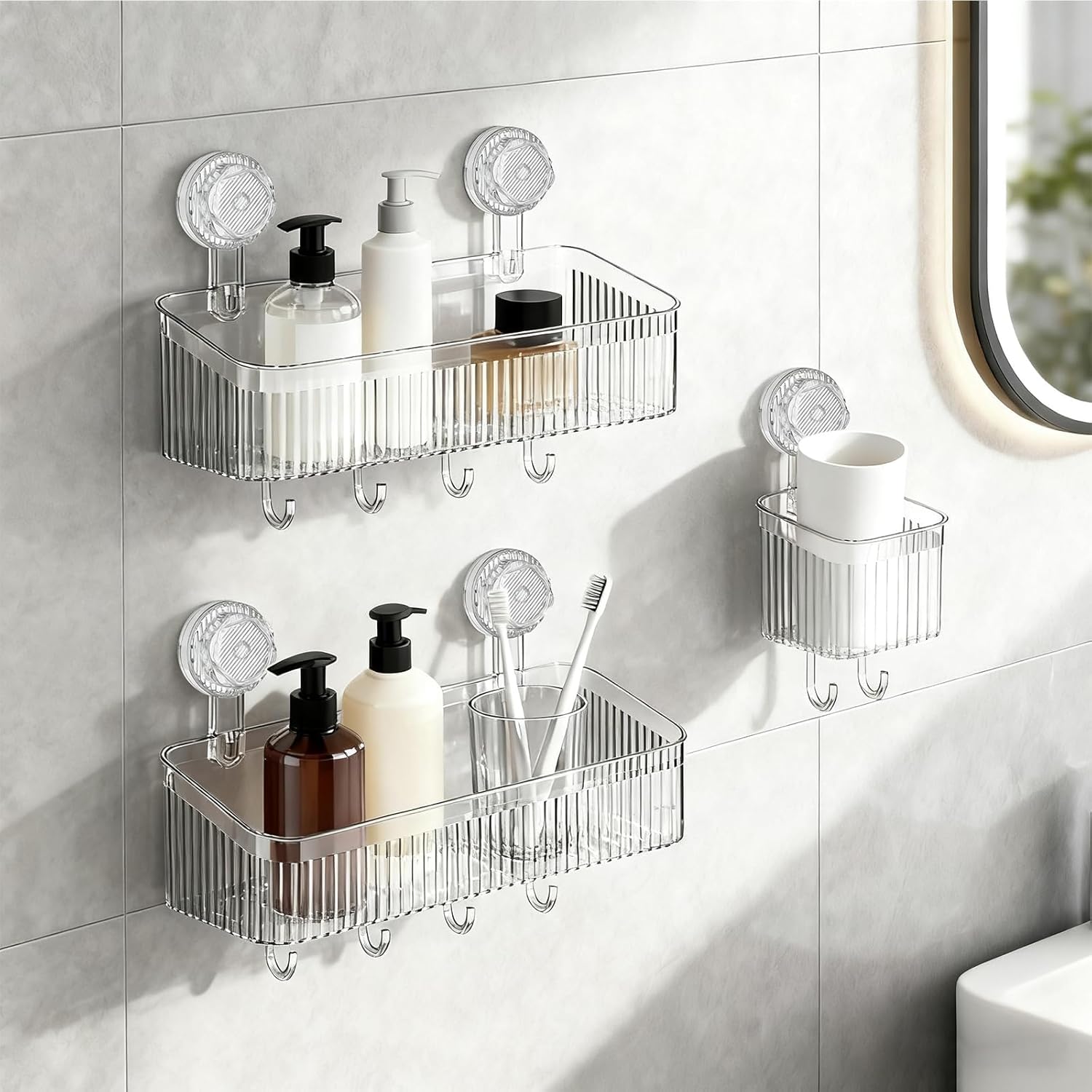 3 Pack Suction Cup Shower Caddy, Clear Shower Shelves No Drilling with Movable Hooks & Toothbrush Holder, Wall Storage Shelves for Bathroom, Kitchen - Image 2