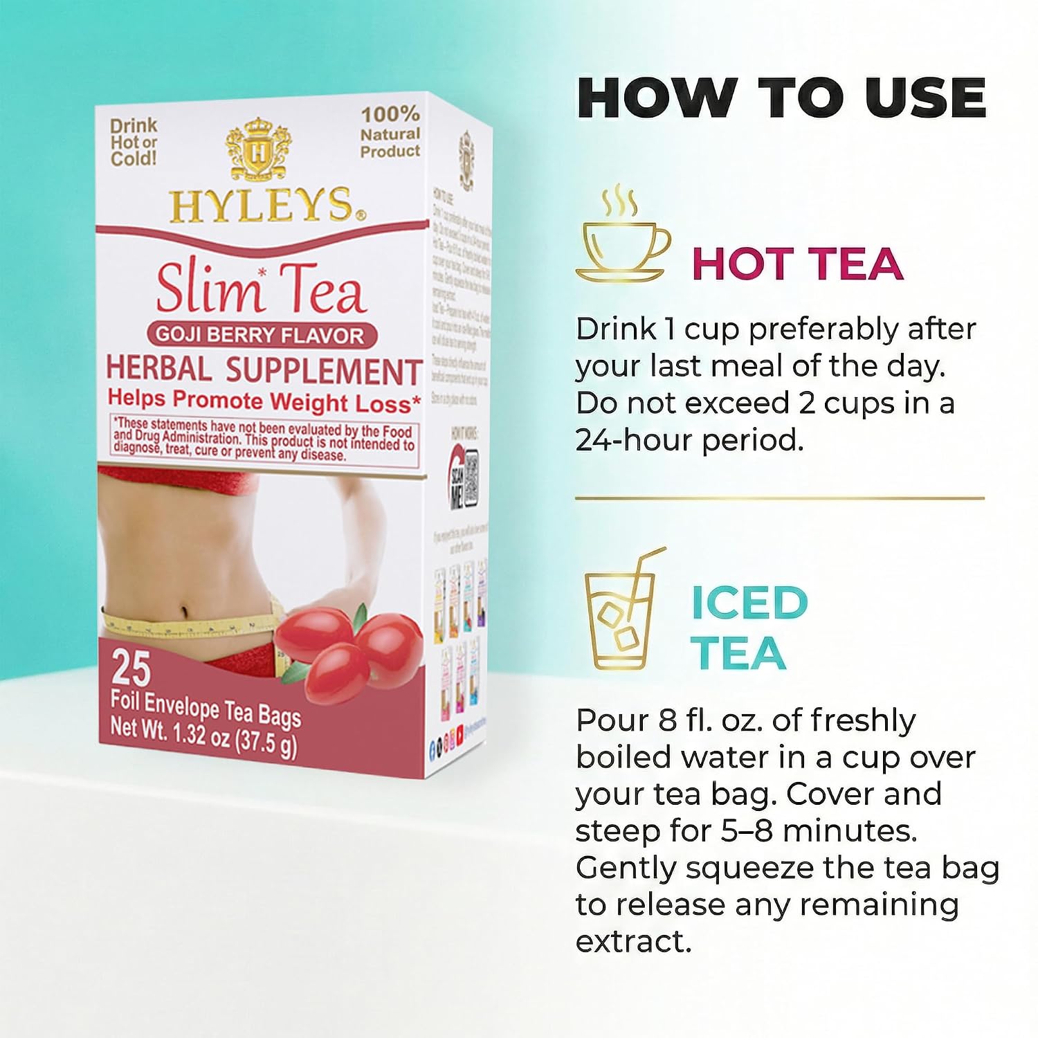 HYLEYS Slim Tea Goji Berry Flavor - Weight Loss Herbal Supplement Cleanse and Detox - 25 Tea Bags (1 Pack) - Image 6