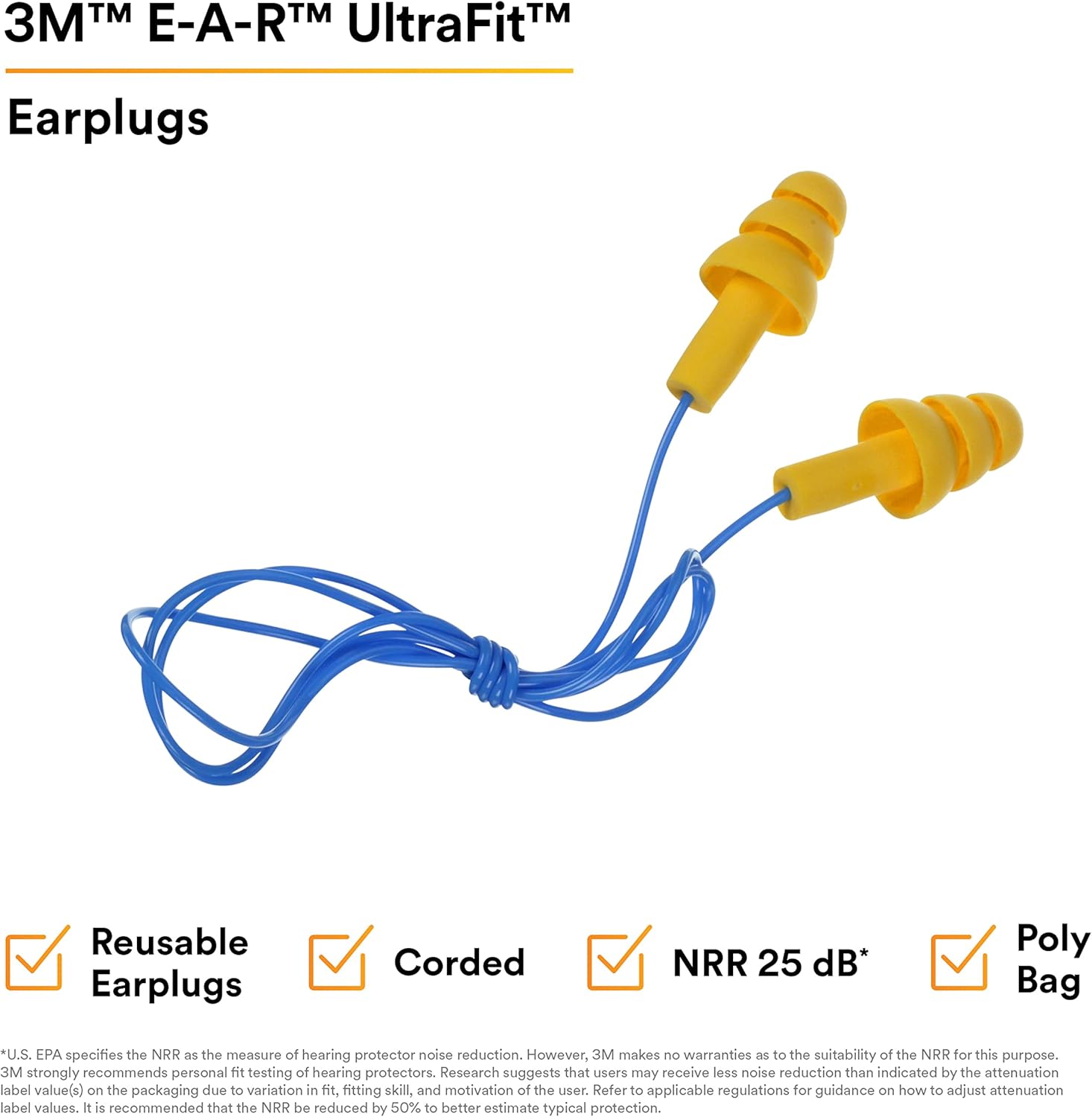 3M E-A-R UltraFit Corded Ear Plugs 340-4004, 100-Pair, Yellow, Poly Bag 3404004 - Image 4