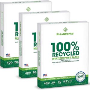 PrintWorks 100% Recycled Printer Paper 8.5″ x 11″ White – 20 lb Copy & Multipurpose Computer Paper – 3 Packs, 1200 Sheets – Made in the USA – 92 Bright – Printer & Copier Compatible (00018-3)