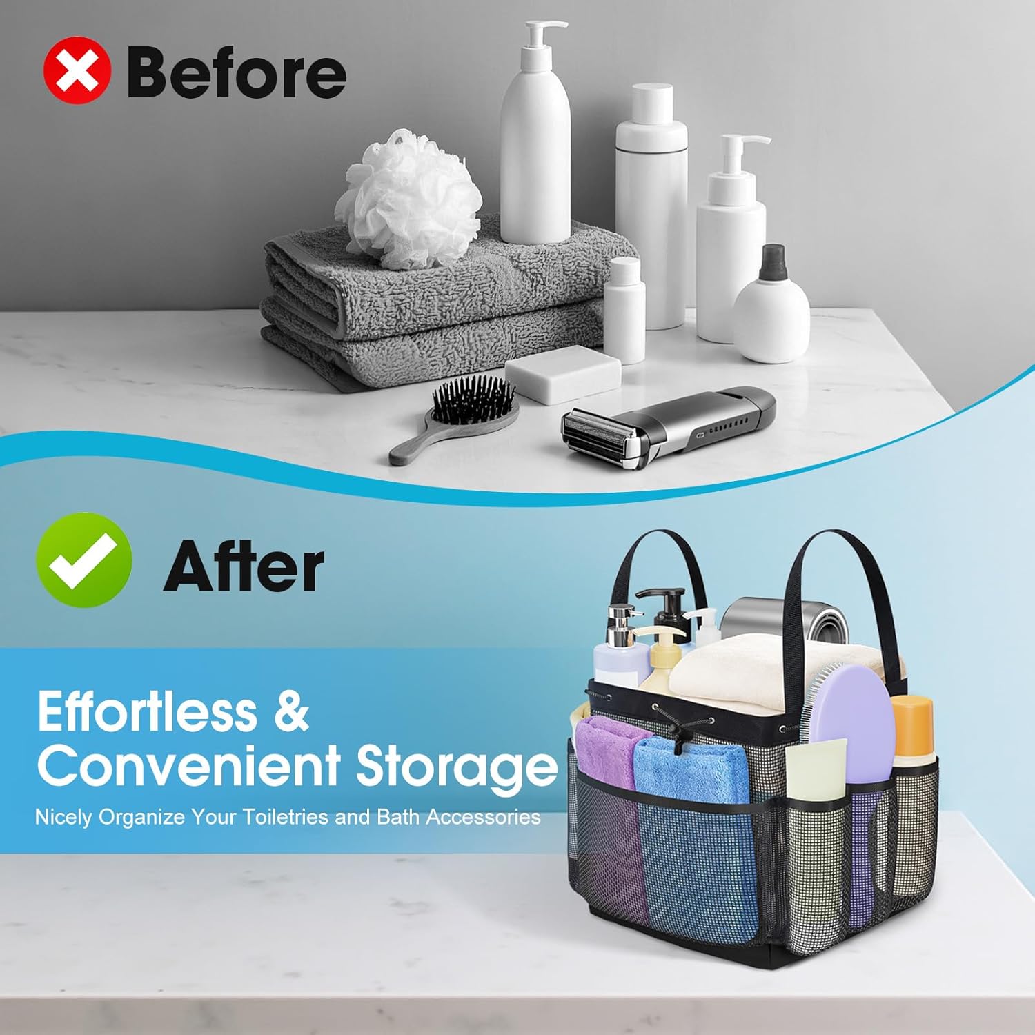 Large Mesh Shower Caddy Portable with Drawstring, 1 Main Compartment+ 7 Pockets, College Dorm Room Essentials for Girls, Shower Organizer Hanging Bag for Beach, Swim, Gym, Travel(Black) - Image 8