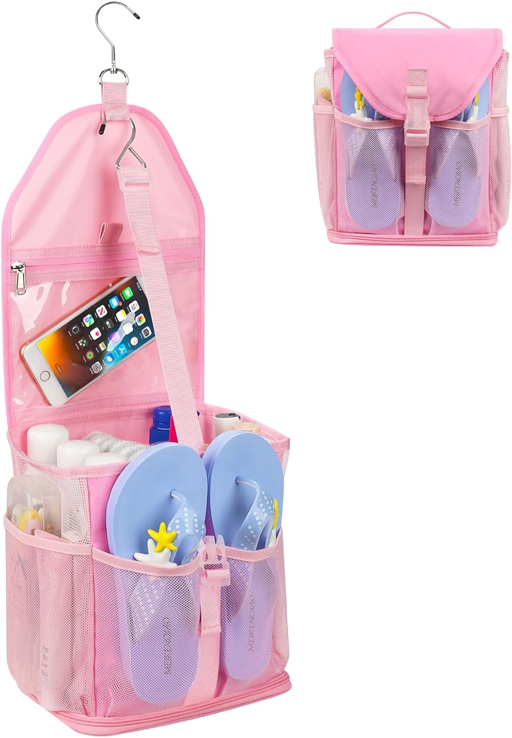Ethereal Pink Hanging Mesh Shower Caddy Portable for College Dorm Room Essentials, Large Capacity Shower Bag for Guys/Girls, for Beach, Swimming, Gym - Image 2
