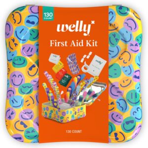 Welly First Aid Kit | FSA Eligible | Adhesive Flexible Fabric and Waterproof Bandages, Tape and Non-Stick Pads, Butterfly Strips, Triple Antibiotic and Hydrocortisone Ointments, Ibuprofen – 130 Count