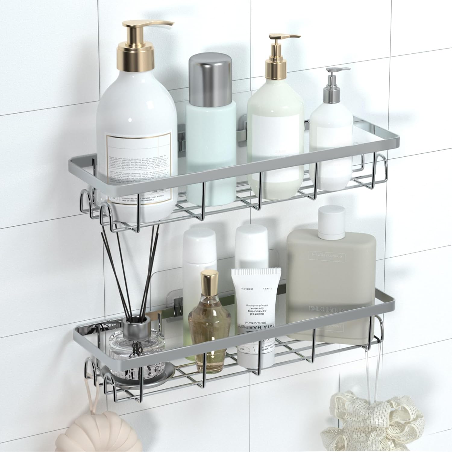 Shower Caddy Organizer with Hooks,Self Adhesive Bathroom Shelves,No Drilling Bathroom Organizers and Storage,Perfect for RV, Apartment, Home Decor,2 Pack Silvery - Image 7
