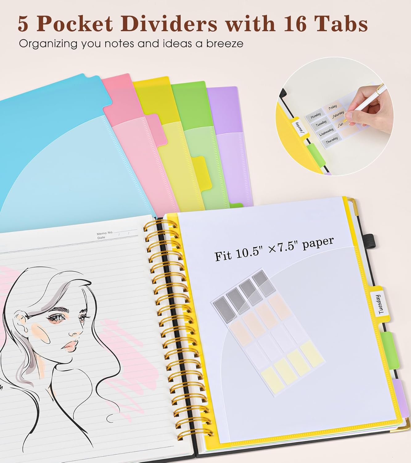 Hardcover Large Spiral Notebook 8.5" x 11" with Removable Dividers Tabs, 300 pages Leather 5 Subject Notebook College Ruled, A4 Journal for Women Men, Notebooks for Work School Note taking,Black - Image 5