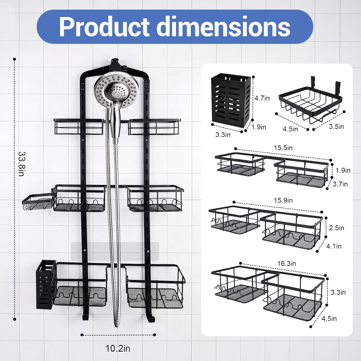 Extra Large Shower Caddy Hanging, Rust-Resistant Shower Organizer Hanging, 3 Tier Height-Adjustable Over the Head Caddy, Rack with Soap Basket (Black) - Image 8