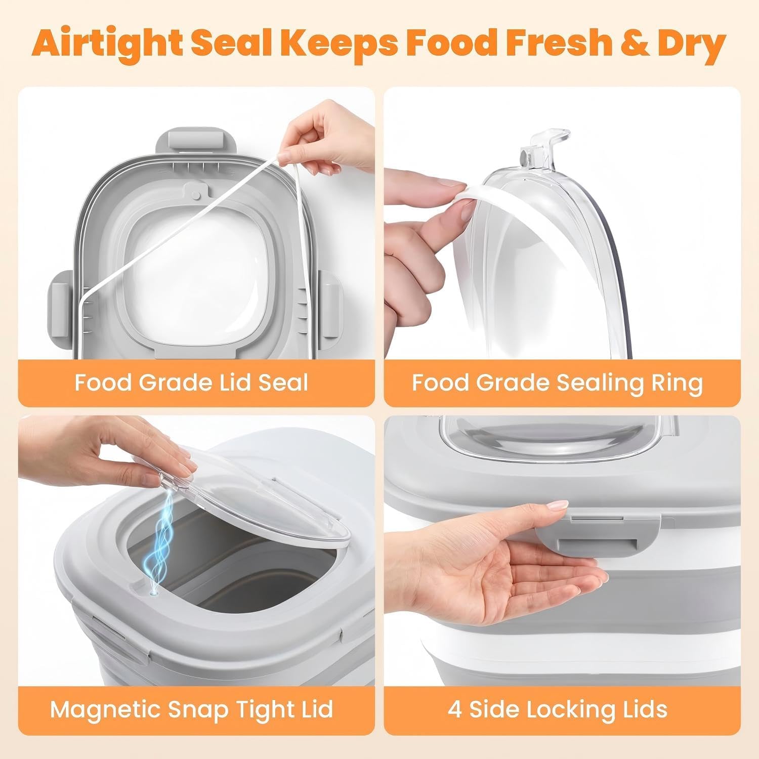 30 Lbs Dog Food Storage Container with Wheels, Collapsible Pet Food Storage Container with Clear Window, Measuring Cup & Scoop, BPA Free Cat Food Container for Rice, Flour, Grain, Bird Seed - Image 4