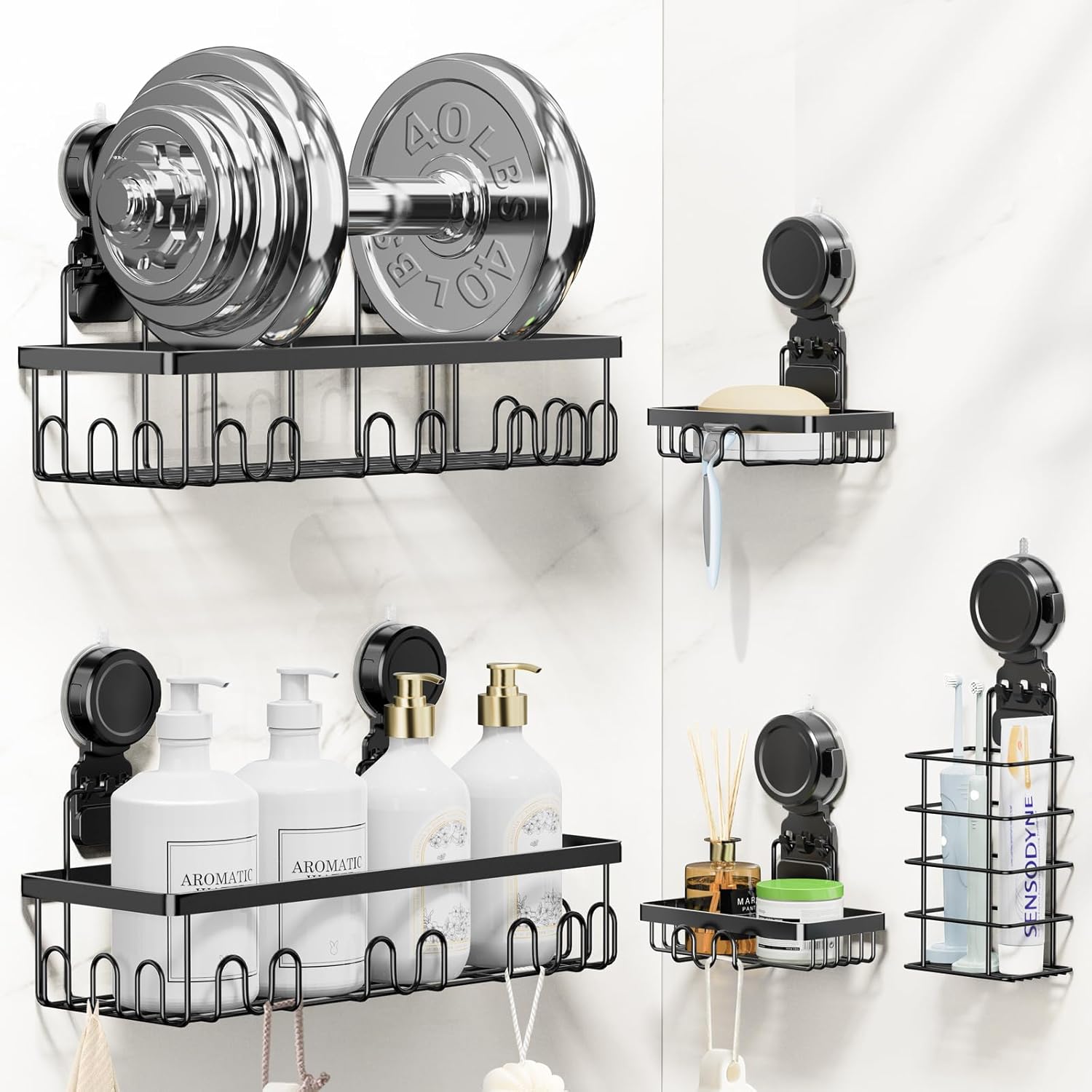 JOTPE Shower Caddy Suction Cup 5 Pack, No Drilling & Removable Suction Cup Shower Shelf for Bathroom with Large Capacity, Powerful Shower Organizer Max Hold 40 lbs, Waterproof Bathroom Shelf, Black - Image 2