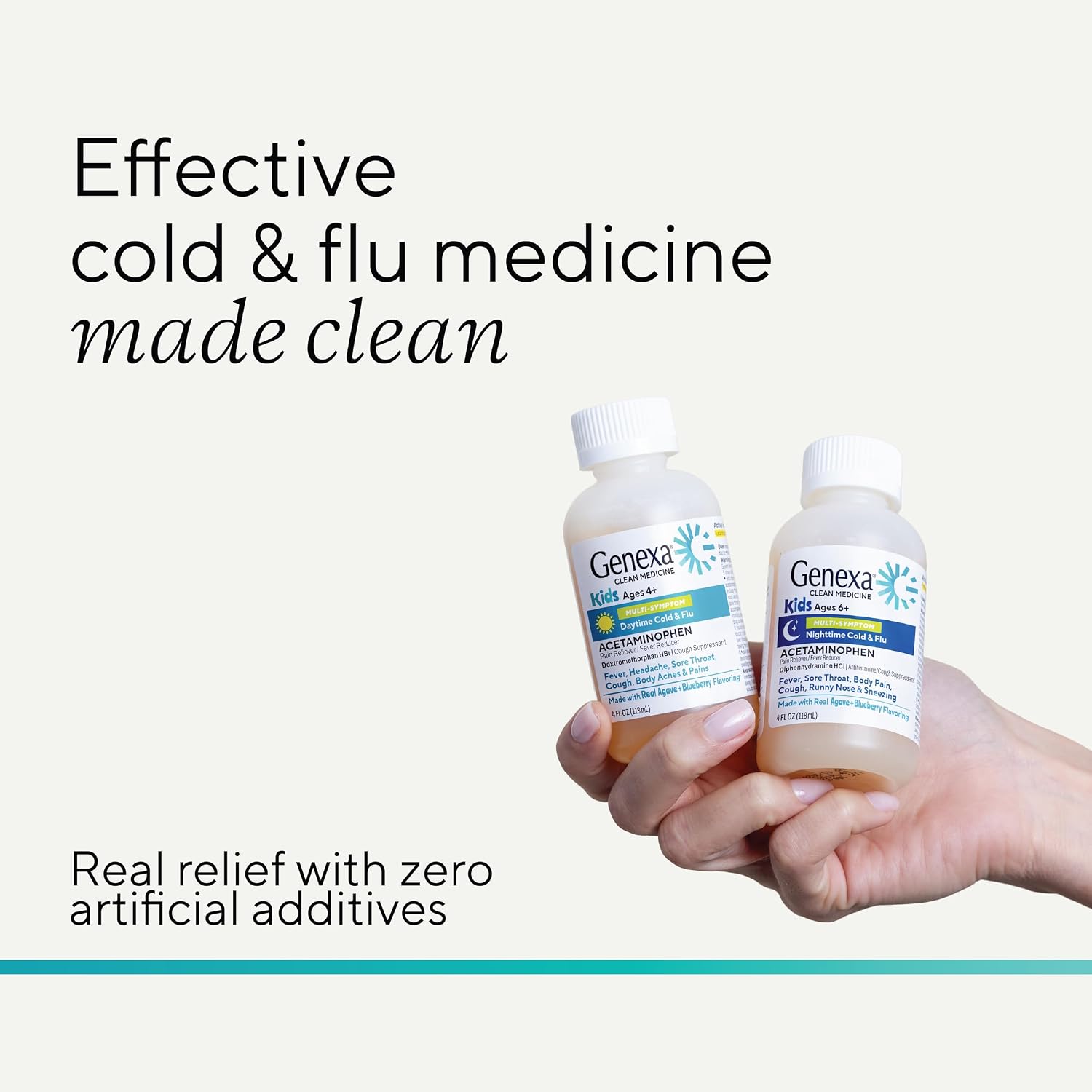 Genexa Kids' Clean Cold & Flu Relief Day/Night Multi-Symptom, Dye Free, 0% Artificial Additives, Children's Liquid Pain, Fever & Cough Medicine, Ages 4-11, Organic Blueberry Flavor, 8 fl oz (2 Pack) - Image 4