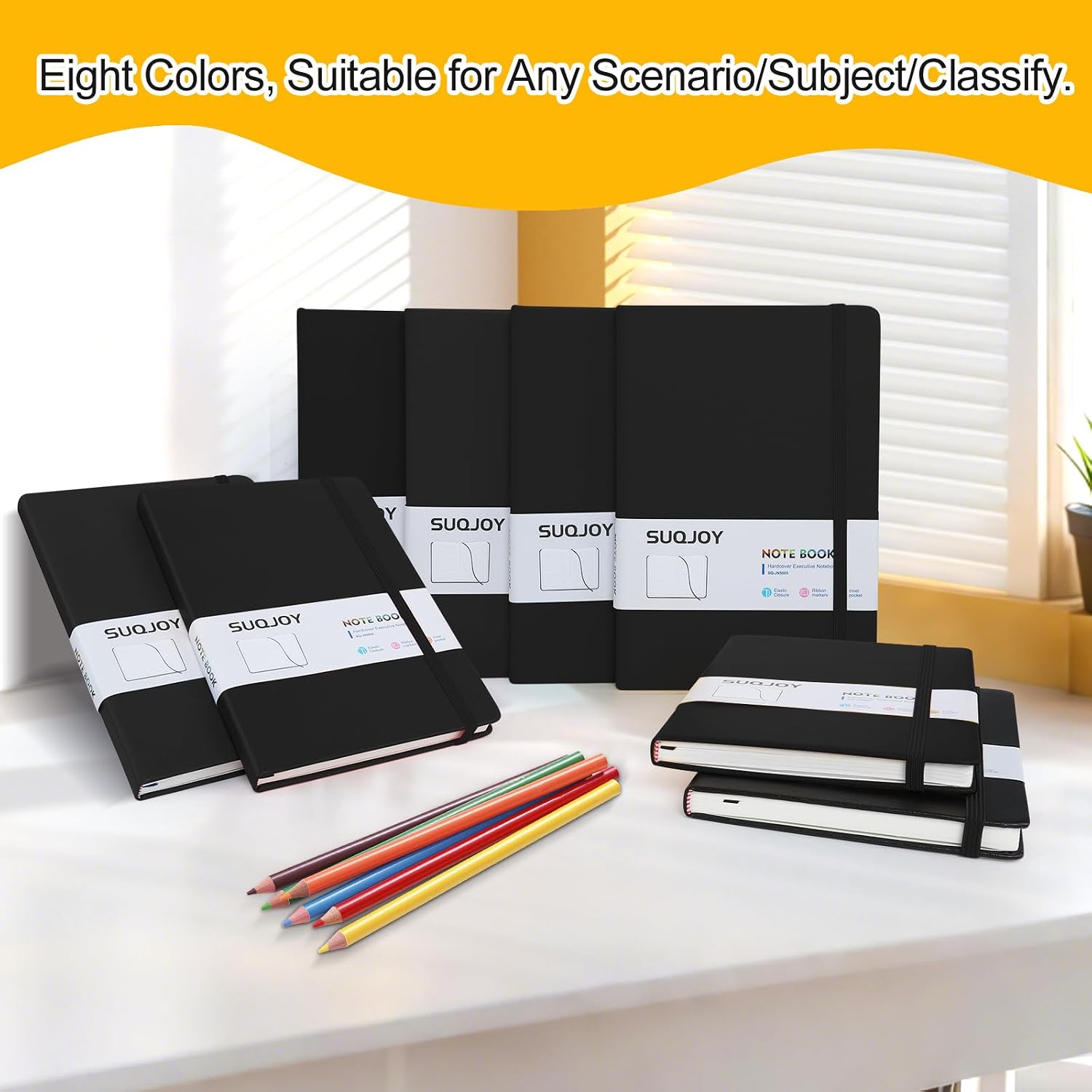 SUQJOY Lined Journal Notebooks for Writing, 100 GSM Thick Paper, 8 Pack Hardcover Notebooks, A5 College Ruled Notebook, Journaling Notebook for School/Travel/Office (Black- 8 Pack) - Image 6