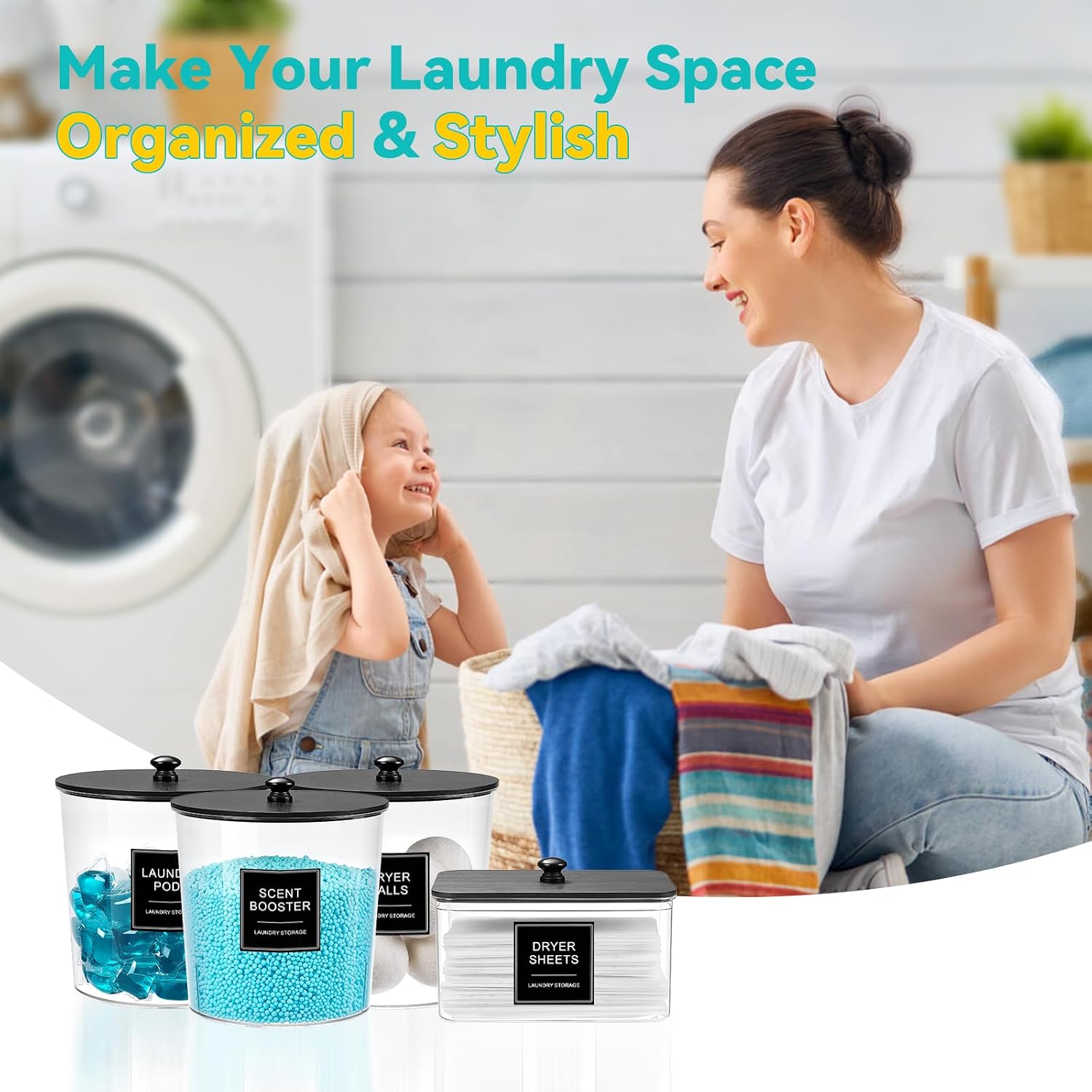 Laundry Pods Container & Dryer Sheet Holder, Laundry Room Organization and Storage Jars with Lids, Labels & Scoops for Powder Detergent Scent Booster, Black Lid - Image 8