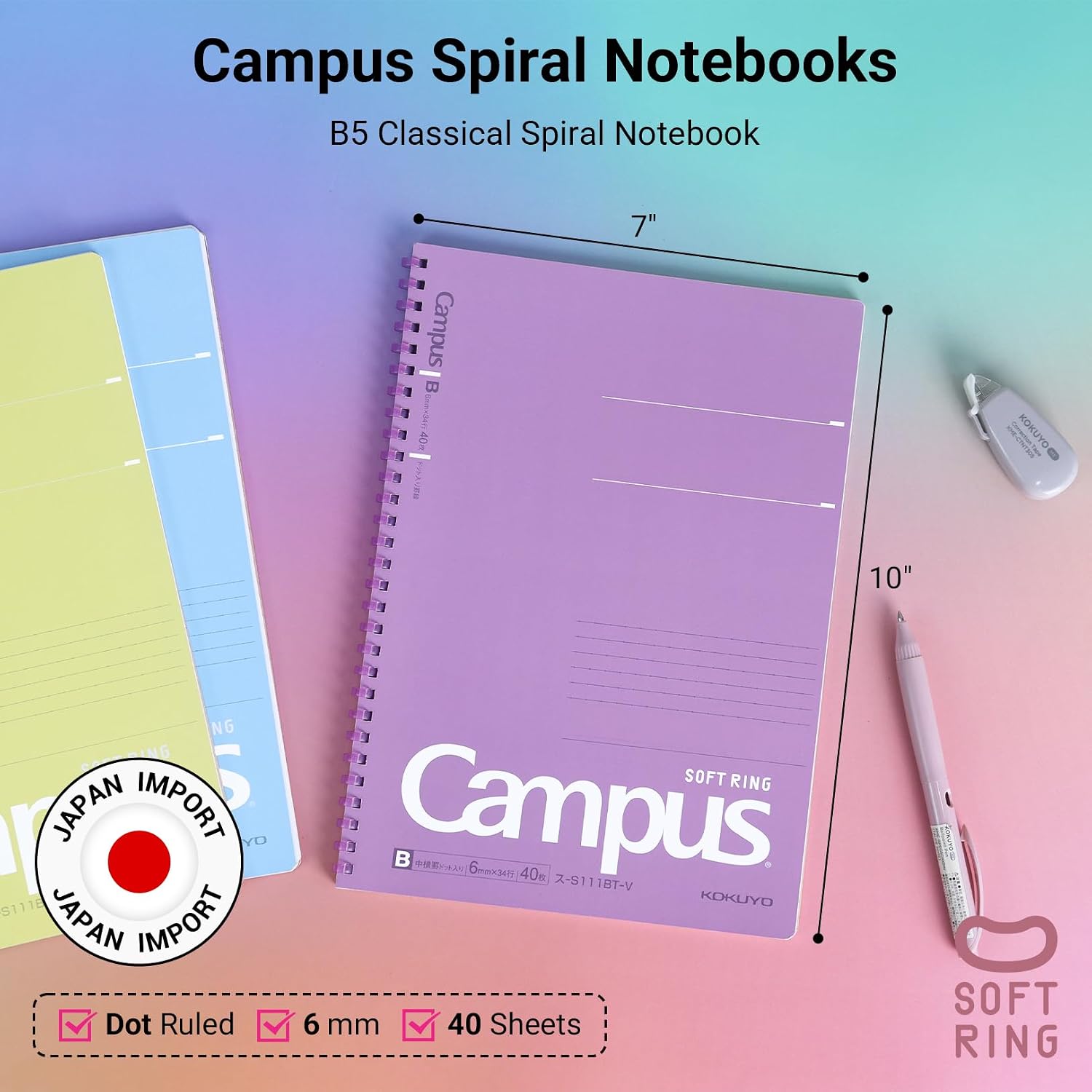 KOKUYO Spiral Lined Notebook, 5 Pack 10'' x 7'' Pastel Journal B5 Campus Soft Ring Notebooks with Dot 6 mm Ruled, 40 Sheets, 1 Subject Notebook, Note Taking for School (SU-S111BT) - Image 2