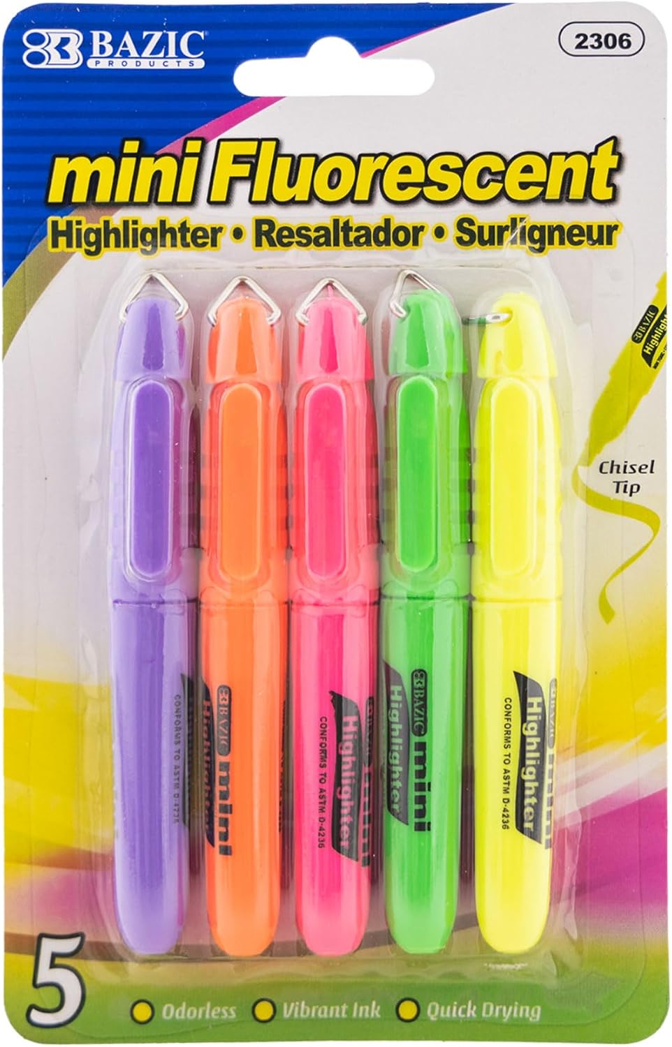 BAZIC PRODUCTS Mini Fluorescent Highlighters with Cap Clip, 5 Count, for Study School Office, Quick Dry - Image 2