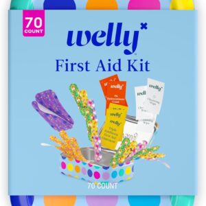 Welly First Aid Kit – Bravery Badges in Flexible Fabric and Waterproof, Singe Use Ointments Triple Antibiotic, Cleansing Wipes and Hydrocortisone – 70 Count