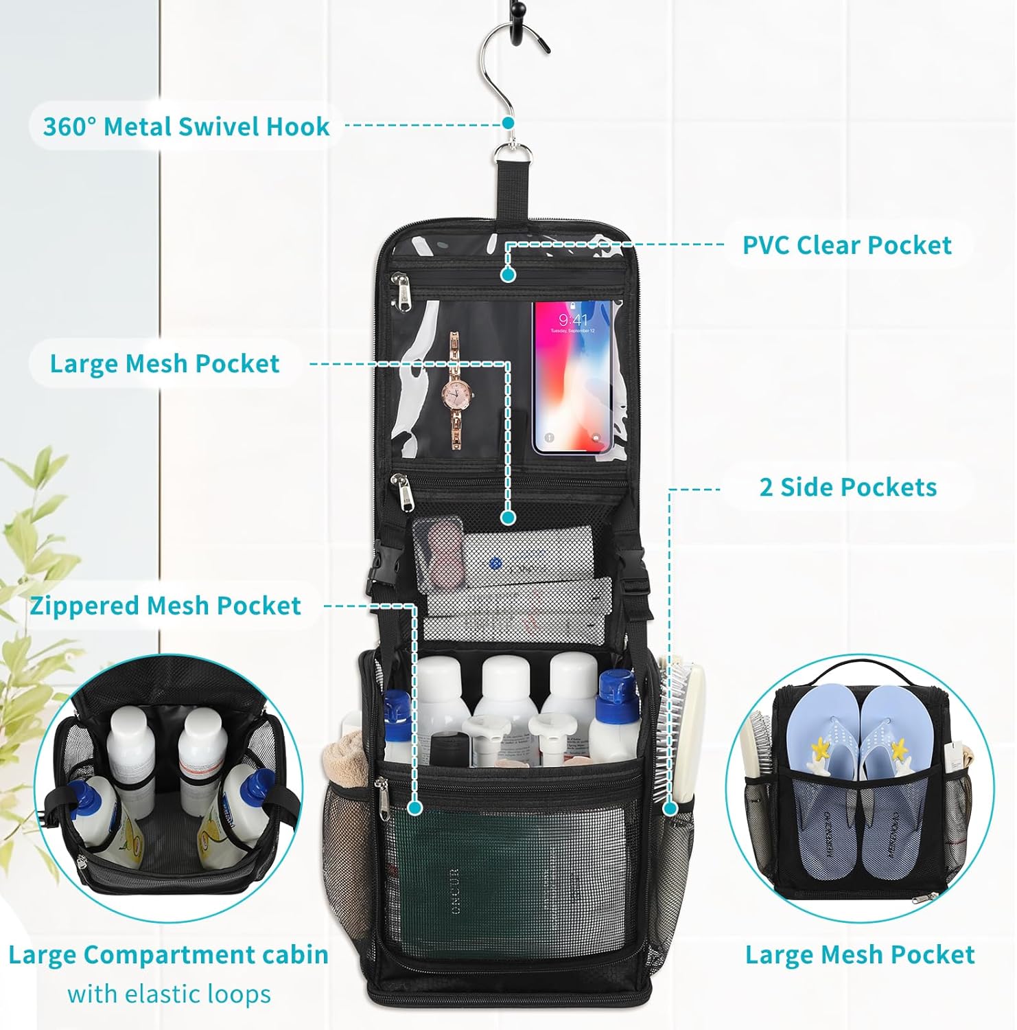 Mesh Shower Caddy Portable, Toiletry Bags for Travel, Hanging Shower Organizer Tote Bag for College Dorm Students Girls Boys, Dry and Wet Separation with Metal Hook - Image 3