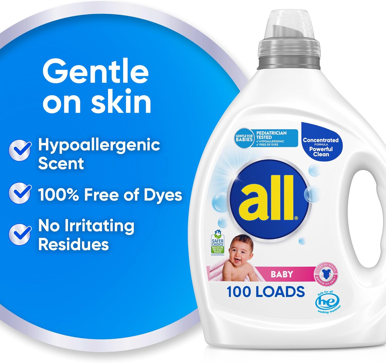 all Baby Laundry Detergent Liquid, 75oz, 100 Loads, Hypoallergenic & Dye Free, Gentle on Sensitive Skin, Tough on Stains, Pediatrician Tested, Lightly Scented, HE Safe - Image 5