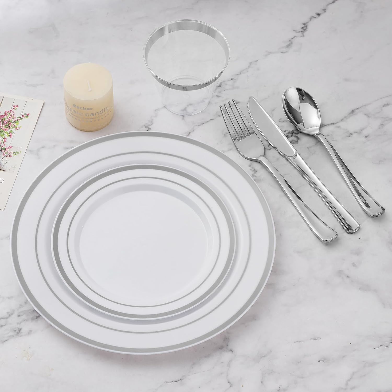 BESTVIP 600PCS Silver Dinnerware Set for 100 Guests, Plastic Plates for Party, 100 Silver Disposable Plates, 100 Dessert Plates, 100 Cups, 100 Spoons, 100 Forks and 100 Knives - Image 6