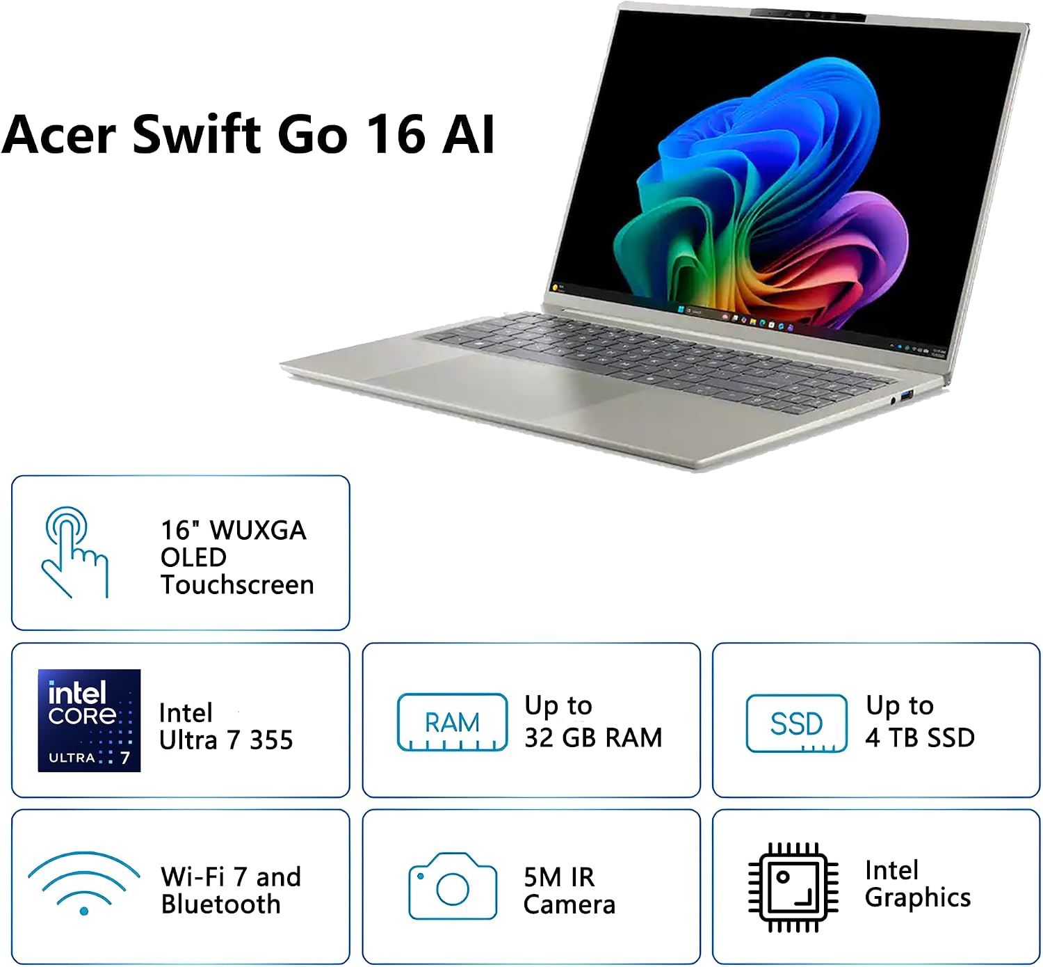Acer Swift 16 AI Laptop | 16" 2k WUXGA OLED Touchscreen | Intel 8-core Ultra 7 355 Up to 49 Tops (Beats Ultra 9 288V) | 32GB DDR5 2TB SSD | Backlit Thunderbolt Type-c Win11Pro w/DLCA Accessory - Image 4