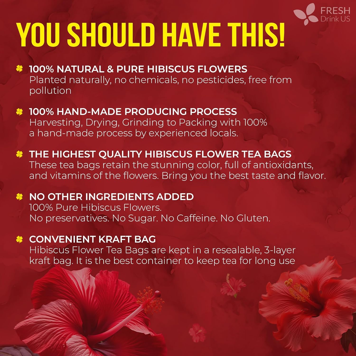 FRESHDRINKUS 140 Hibiscus Flowers Tea Bags, 100% Natural, Pure from Hibiscus Flowers. Loose Flower Hibiscus Herbal Tea. Hibiscus Flower Tea. No Sugar, No Caffeine, No Gluten, Vegan. - Image 7