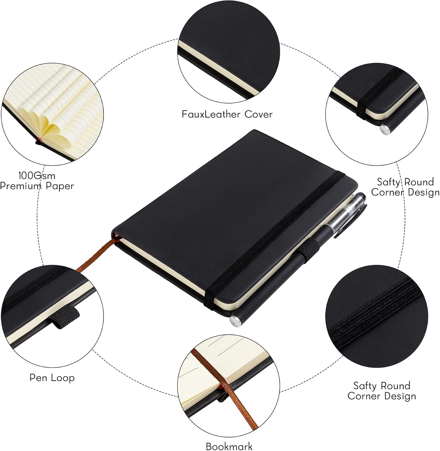 2Pack Pocket Notebook Small Notebook Journal Notebook 4 inches x 5.7 inches 200 Pages Leather Cover With Pen Holder Page Marker Ribbons(Black) - Image 3