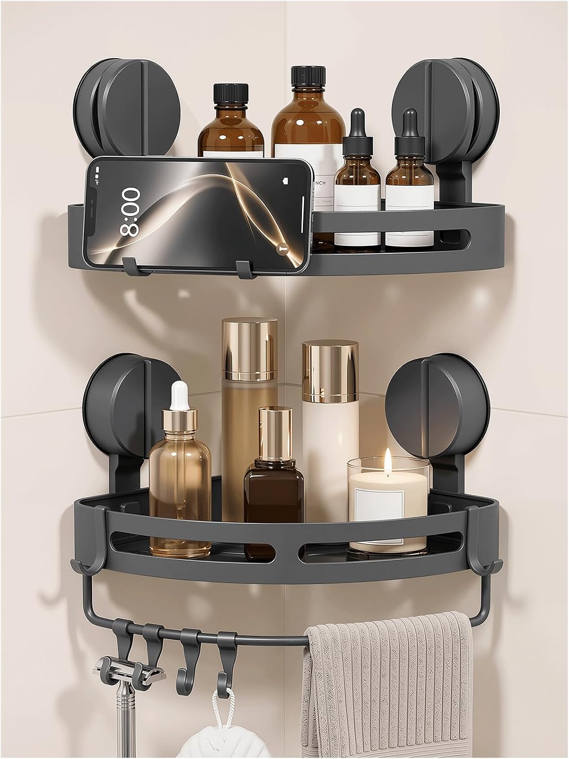 Suction Cup Corner Shower Caddy with Towel Bar & Hooks | No drilling required. Strong suction cup corner shelf for bathroom storage. Securely holds all daily shower essentials. - Image 2