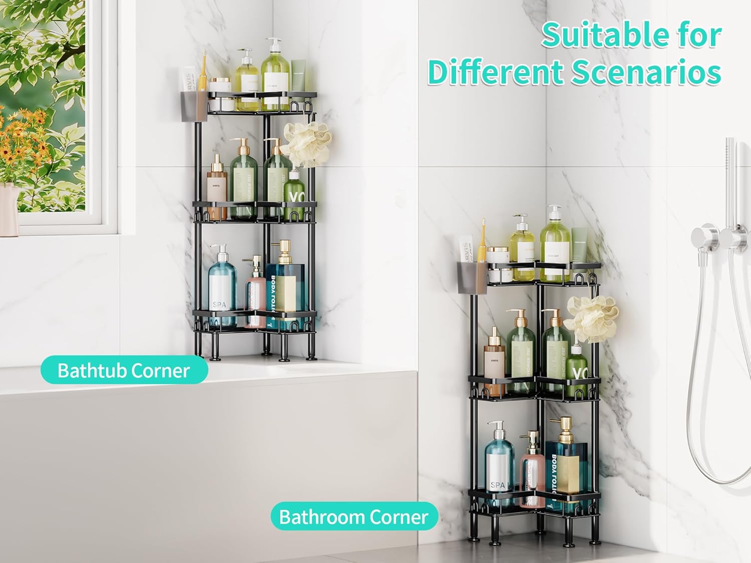 HapiRm Standing Shower Caddy Corner - 3 Tier Corner Shower Organizer with Toothbrush Holder and 12 Hooks, Large Capacity Rustproof Bathroom Shelves for Tall Bottles, Black - Image 5