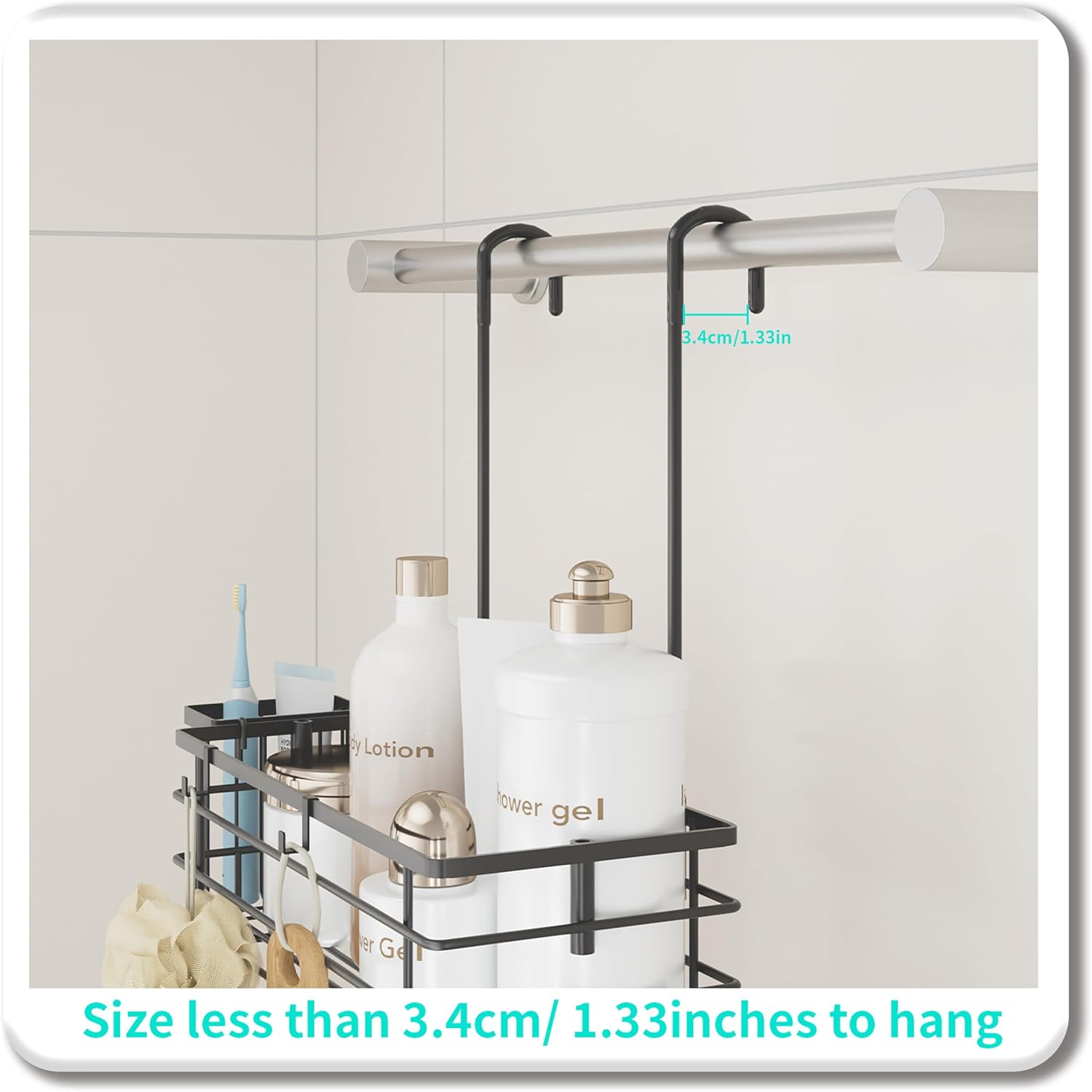HapiRm Hanging Shower Caddy Organizer - No Drilling Shower Shelves with Hooks and Toothbrush Holder, Rustproof 304 Stainless Steel Bathroom Organizer - Black - Image 6