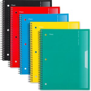 Mead Spiral Notebooks, 1 Subject, Wide Ruled Paper, 8″ x 10-1/2″, 100 Sheets, Assorted Colors, 5 Pack (930093)