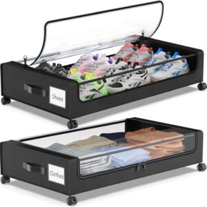 Molutsody Under Bed Storage with Wheels, 2-Pack Underbed Storage Containers with Clear Lids, Under Bed Shoe Storage Organizer, Rolling Under the Bed Storage Bins for Clothes Shoes Blankets (Black)