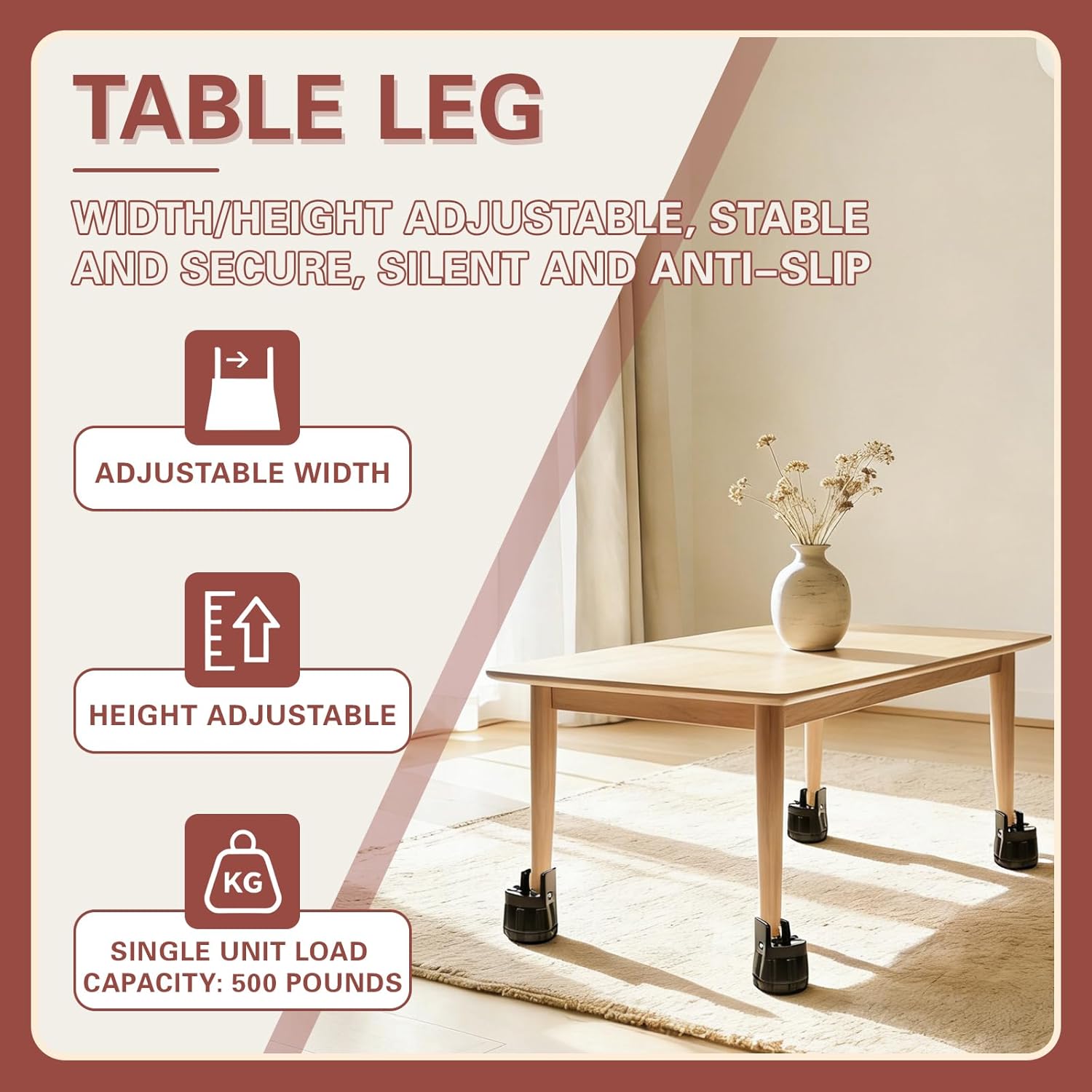 4 Pack Adjustable Furniture Risers 2.36" to 3.15", Heavy Duty Bed Risers with Clamp Design, Clamp-On Levelers for Chair Table Sofa Cabinet Legs, Furniture Height Extenders Leg Lifts (Black) - Image 4