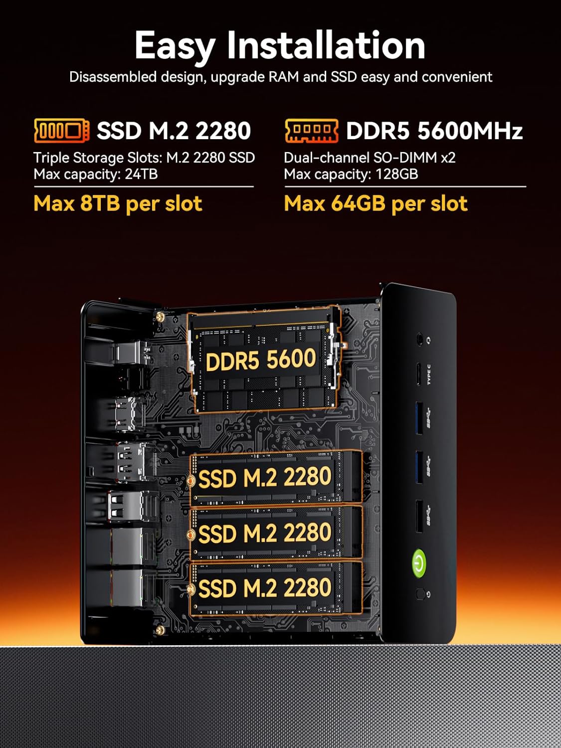 GMKtec Gaming Mini PC, K12 AMD Ryzen 7 H 255 (Upgraded 8745HS) 32GB DDR5 RAM 2TB SSD, Desktop Computer 3X M.2 2280 Expansion, Oculink, Dual NIC 2.5G, HDMI 2.1, USB4 - Image 6