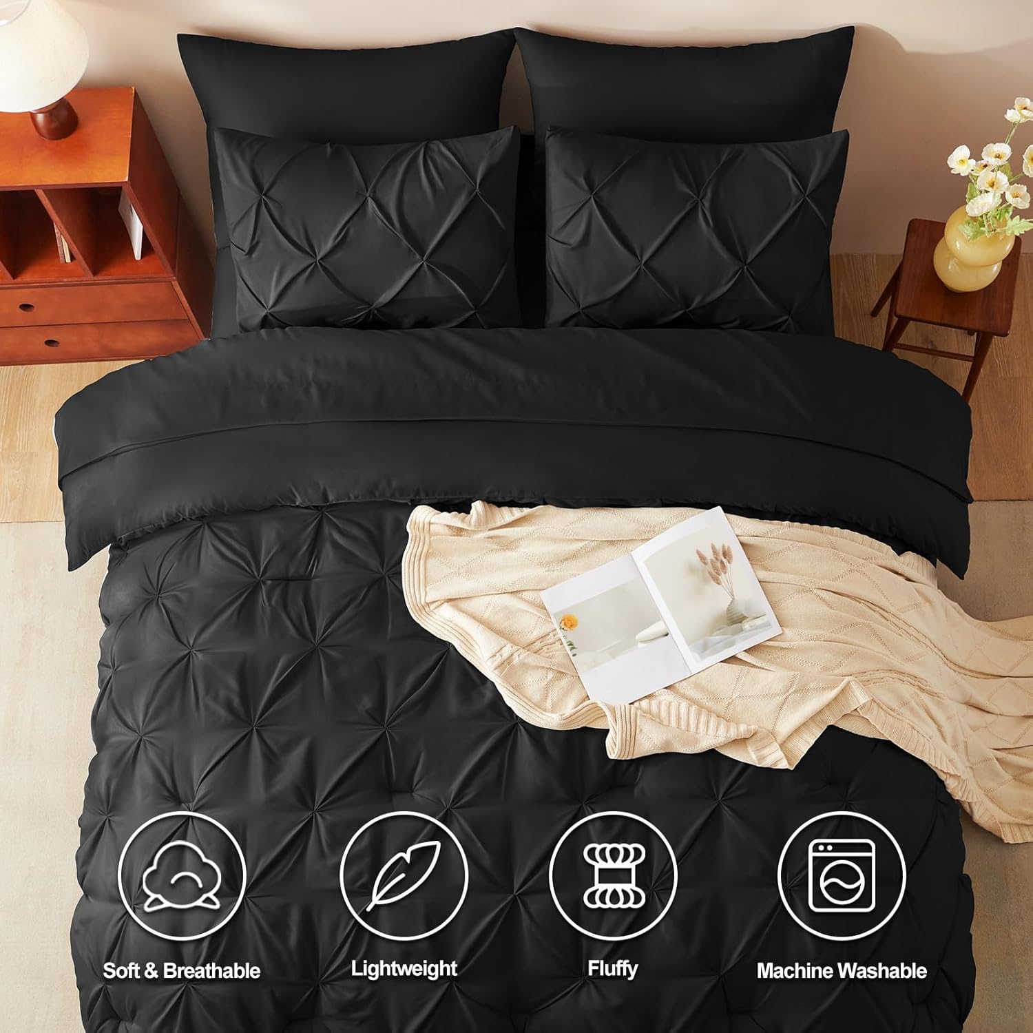 Queen Comforter Set Black - 7 Pieces Pintuck Bed in a Bag, Pinch Pleat Modern Room Decor, All-Season Soft Bedding Gift with Comforter, Sheets, Pillowcases & Shams - Image 3